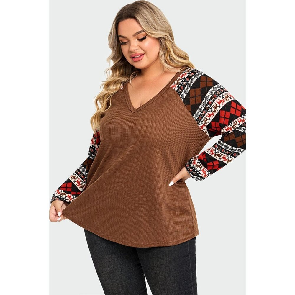 V-Neck Geometric Patchwork Knit Long Sleeve Blouse